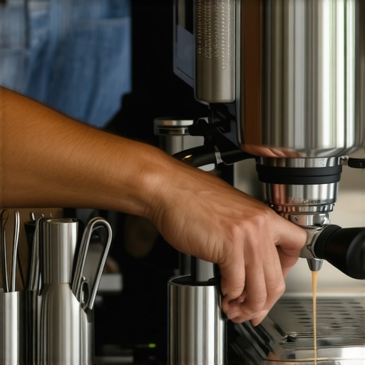 Close-up of a barista maintaining an espresso machine with cleaning tools and organized workspace