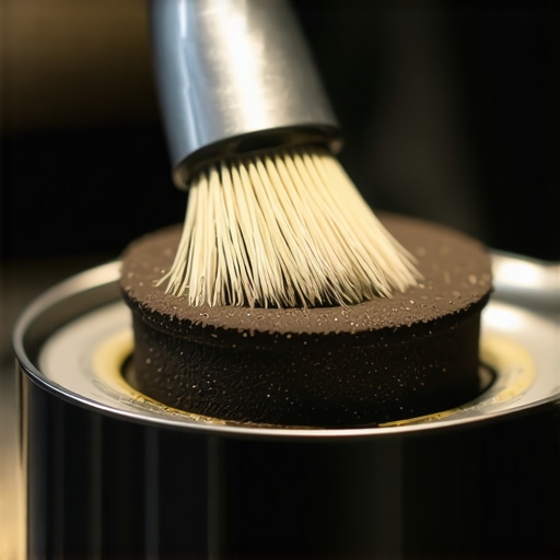 Barista cleaning coffee grinder burrs with a brush to prevent clogging and dust buildup.
