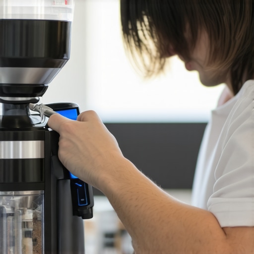 A barista using tools to clean the interior of a coffee grinder effectively