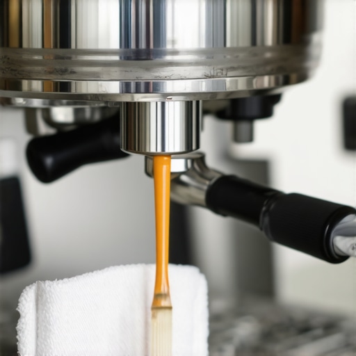 Close-up view of a person cleaning a coffee machine's vibration pump with a brush and cloth