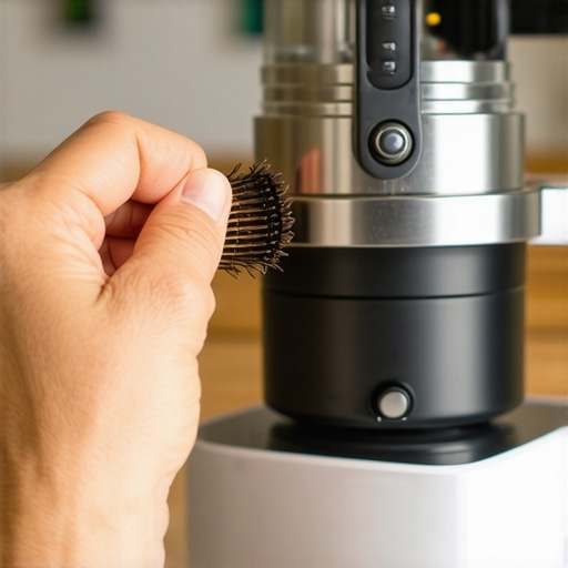 A person using a brush to clean the burrs of a coffee grinder, emphasizing maintenance and static control