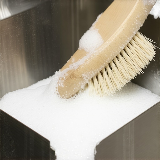 A person scrubbing a stainless steel coffee knockbox with a stiff brush to remove residue.