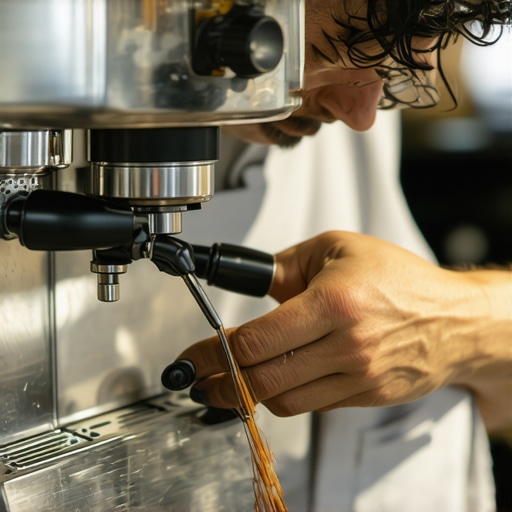 A hand using a small tool to inspect an espresso machine's gasket for wear and tear