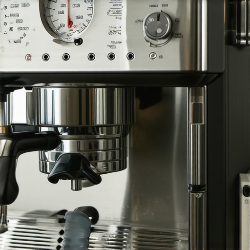 Technician adjusting a commercial espresso machine with pressure gauges and maintenance tools in a modern kitchen.