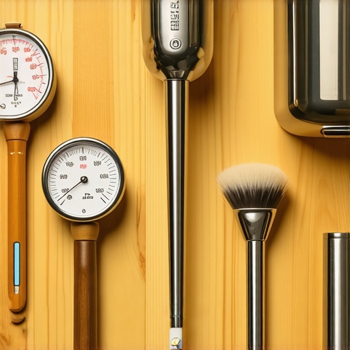 A collection of high-quality barista tools for maintenance and calibration, including gauges, thermometers, and cleaning brushes.