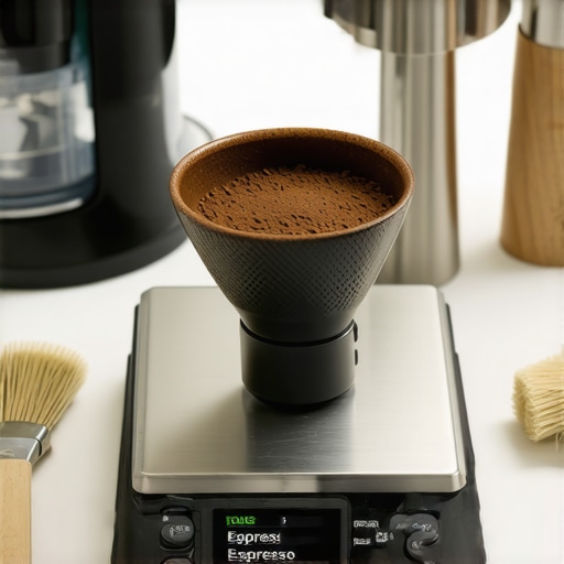 A precise espresso scale with grinder and cleaning tools on a countertop.