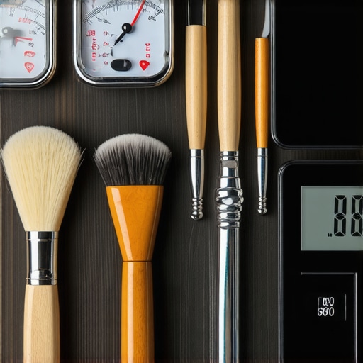 Essential Tools for Home Espresso Maintenance A well-organized collection of espresso maintenance tools including calibrators, brushes, and gauges.