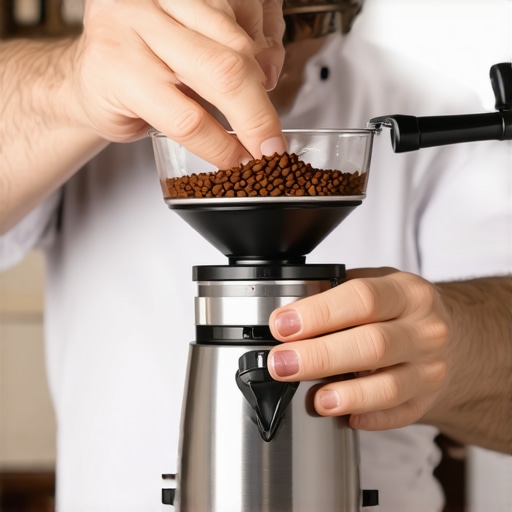 Fine Coffee Grounds and Grinder Adjustment Barista tuning the grind size on a professional coffee grinder with visible coffee particles