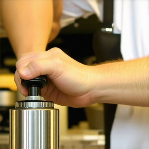 A barista gently tapping a stuck adjustment ring on a coffee grinder with a rubber mallet, showing careful technique