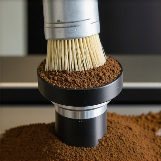 A person cleaning coffee grinder burrs using a brush in a well-lit coffee setup
