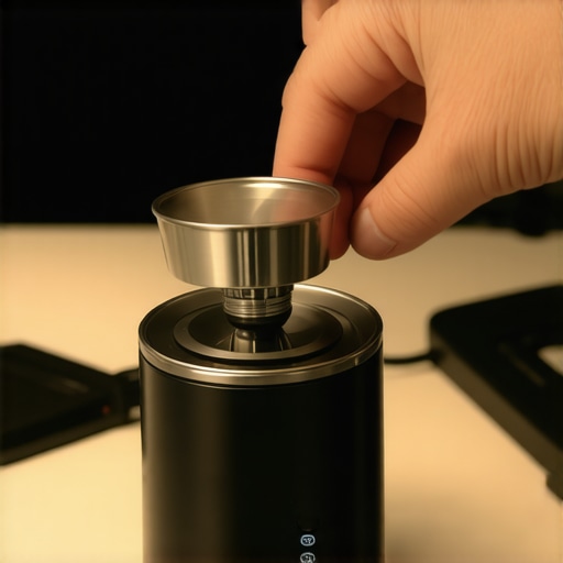 Grounding coffee grinder to prevent static buildup Person attaching grounding wire from coffee grinder to an electrical outlet to reduce static.