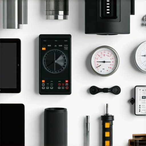 A collection of coffee maintenance tools like ultrasonic cleaner, multimeter, and calibration gauges arranged next to an espresso machine.