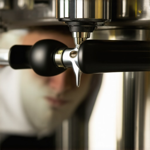 A hand applying silicone lubricant to the pivot point of an espresso machine lever to silence squeaking