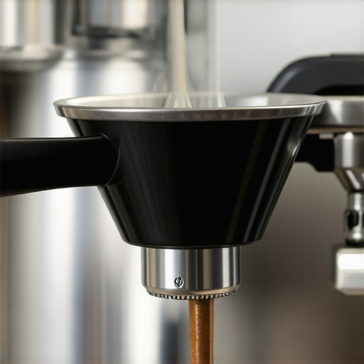 Coffee funnel secured to portafilter with magnets, demonstrating stability during tamping