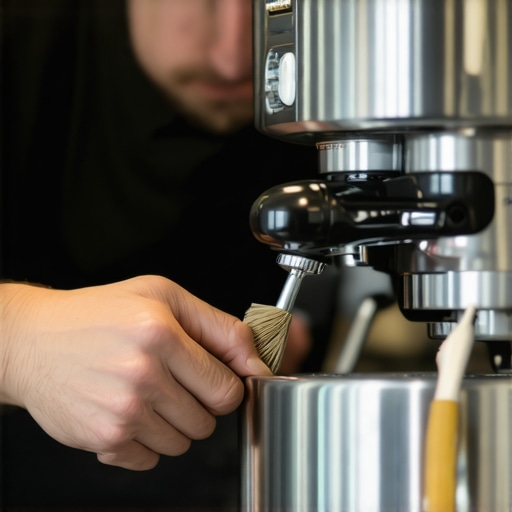 Barista cleaning espresso machine group head with tools for maintenance