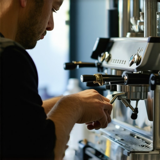 Close-up of a person adjusting an espresso machine for optimal performance.