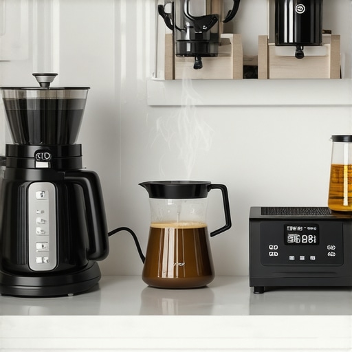 Organized Home Espresso Station A clean and organized home espresso brewing station with professional tools.
