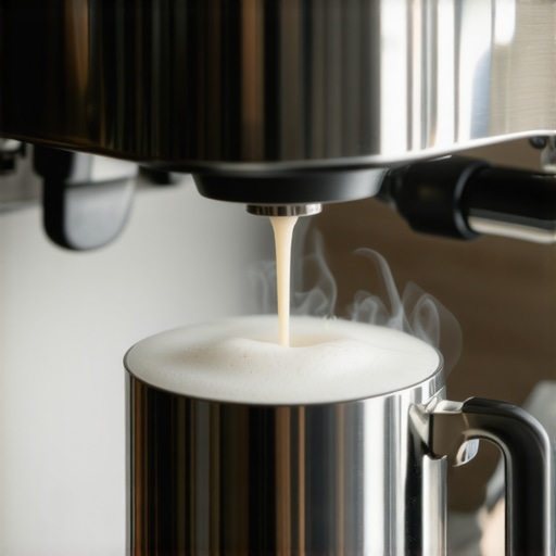 Barista creating silky microfoam with milk pitcher and espresso machine