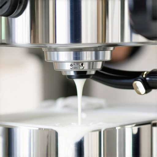Close-up of milk steaming in a shiny pitcher with steam wand from a professional espresso machine