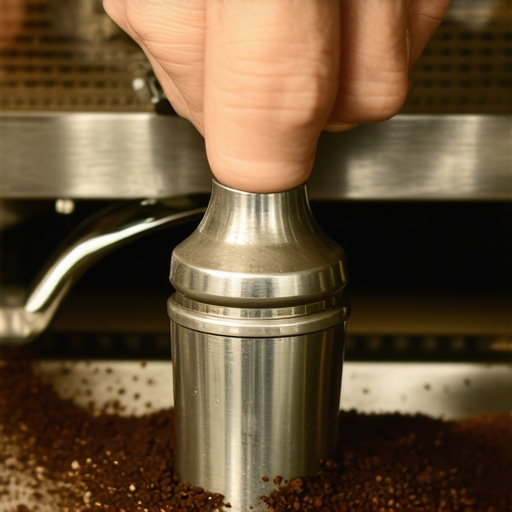 Close-up of a barista applying even tamping pressure on coffee grounds in an espresso basket
