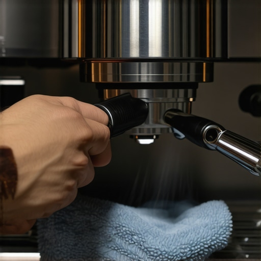 A hand polishing a shiny stainless steel espresso machine with a microfiber cloth, showing reflections and gleam.