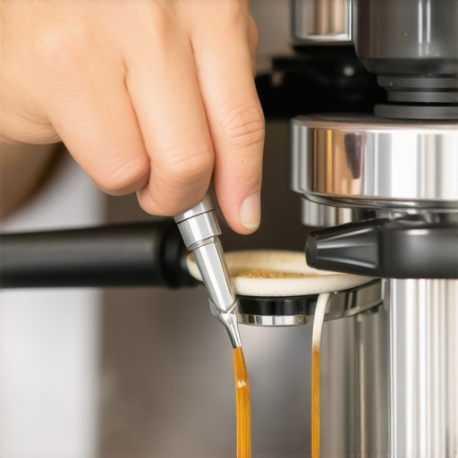 A barista carefully cleaning a coffee machine's portafilter with a small, fine tool to prevent scratches and buildup.
