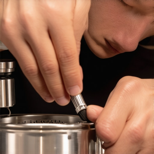 A barista carefully cleaning and calibrating a coffee grinder with specialized tools, emphasizing professional care