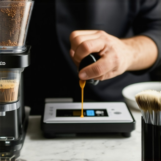 A barista using a digital calibration scale and brushes to maintain a coffee grinder.