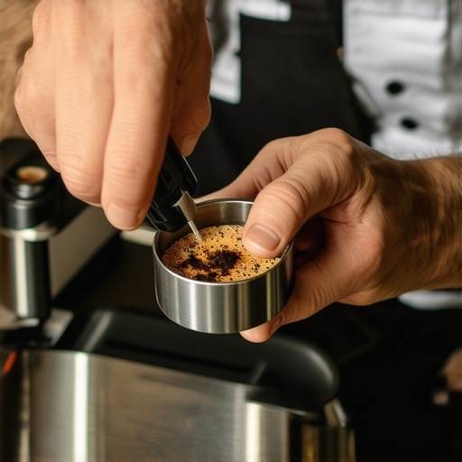 A barista calibrating an espresso grinder with a digital scale and gauge
