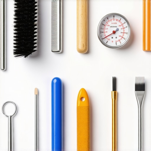 Set of tools used for maintaining and calibrating a home espresso machine, including brushes, gauges, and descaling solutions.