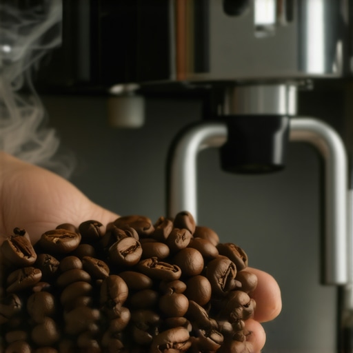Barista holding warm coffee beans near an espresso machine, highlighting the reheating process