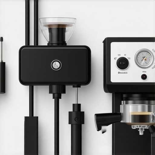 A sleek, organized home espresso station with advanced tools and digital monitors.