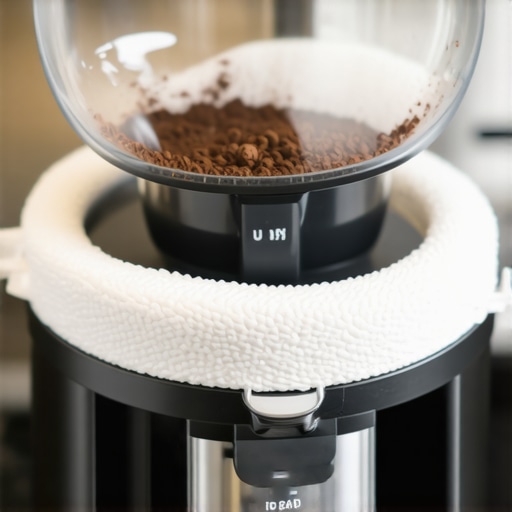 A macro shot of a coffee grinder chamber with a damp cloth and freshly ground coffee, illustrating static suppression techniques.