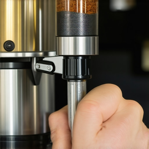 Using a magnetic burr alignment gauge for grinder maintenance Close-up of a hand adjusting a coffee grinder's burrs using a calibration tool