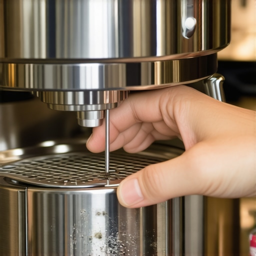 Hand inserting a paper clip into an espresso machine basket for quick cleaning.