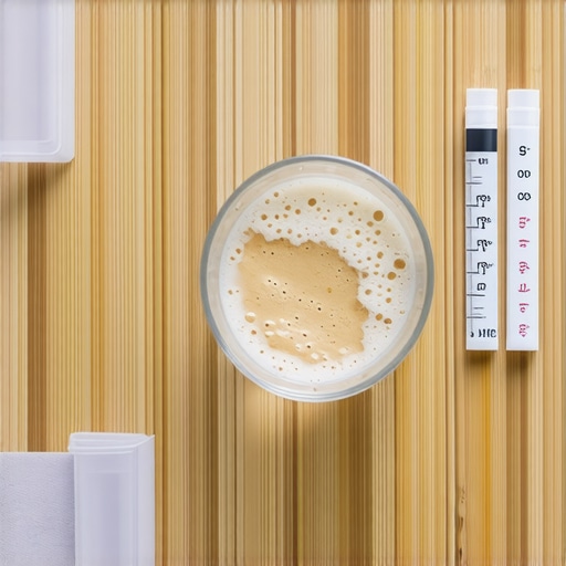 A hand holding a water testing kit with test strips and a glass of water on a kitchen counter.