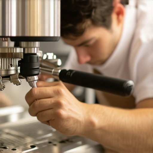 Barista carefully inspecting and cleaning the pressure relief valve on an espresso machine