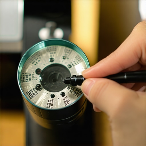 Person marking the edge of coffee grinder burrs with a Sharpie for precise alignment