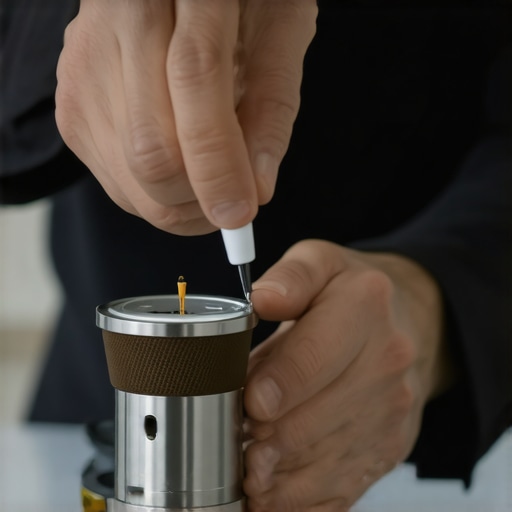 A barista carefully marking the edges of coffee grinder burrs to ensure precise alignment.