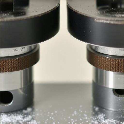 Close-up image showing the process of using chalk to check flat burr alignment in a coffee grinder.