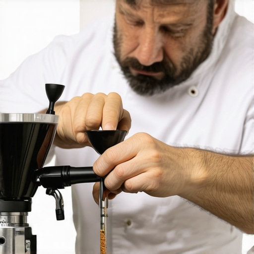 Barista calibrating a coffee grinder A skilled barista adjusting a coffee grinder with fine-tuning tools to ensure perfect grind consistency