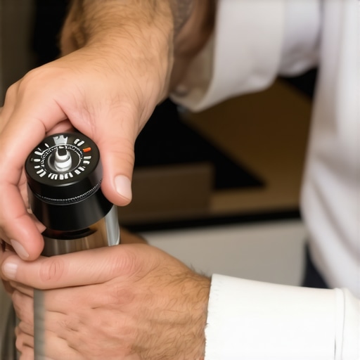 Barista adjusting a coffee grinder's zero point with a calibration bean.