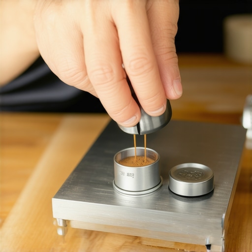 Calibrating Espresso Scale with Weights A barista calibrating an espresso scale using weights on a wooden countertop.