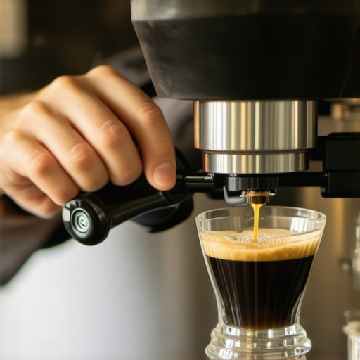 Barista adjusting grinder dial with espresso pouring in the background.