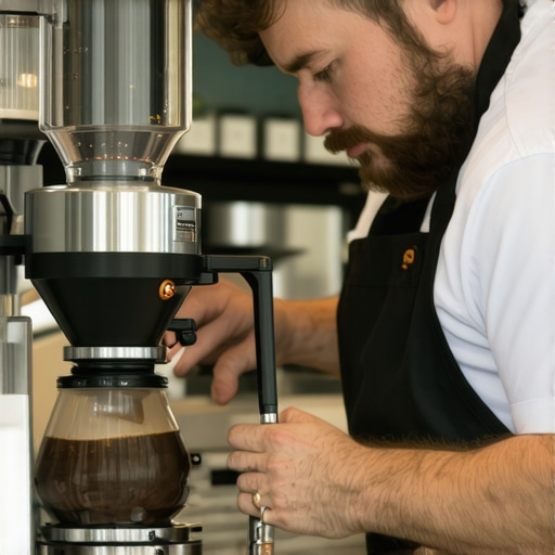 Barista adjusting coffee grinder burrs with calibration tools in a professional coffee shop.