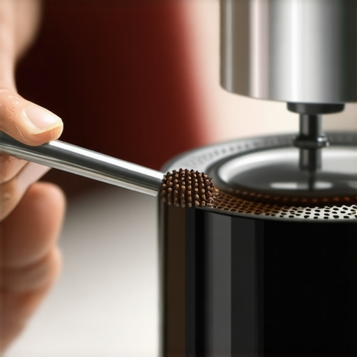 Detail of a dental pick cleaning coffee grinder burrs