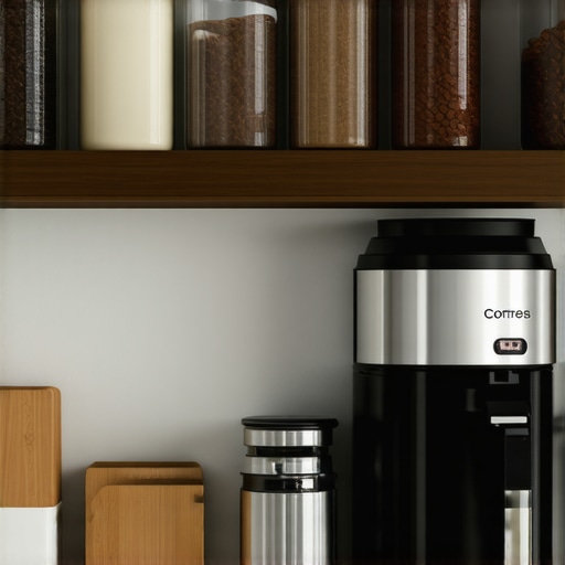 An illustration of a tidy coffee station with labeled storage containers, grinder, and espresso machine