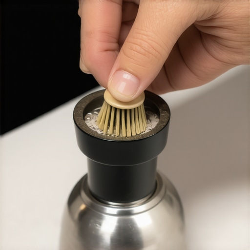 Person scrubbing coffee grinder burrs with a toothbrush