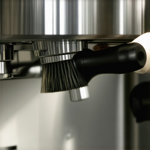 Cleaning Espresso Machine Group Head A barista scrubbing the brew group of an espresso machine to remove mineral deposits