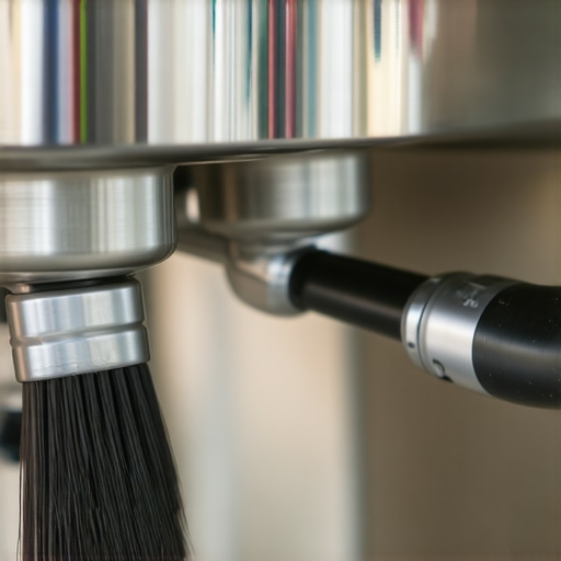 Close-up of a barista cleaning an espresso machine's steam wand with a brush, emphasizing maintenance.